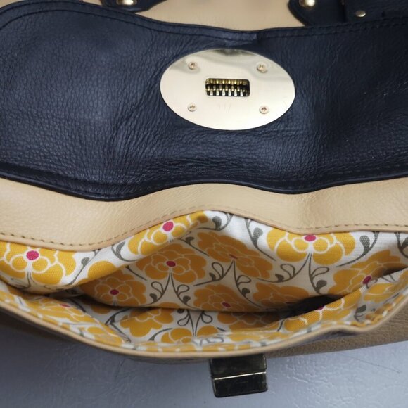 Emma Fox Fold Over Tan & Black w/ Red Handles Genuine Leather Lined Handbag - Picture 7 of 12